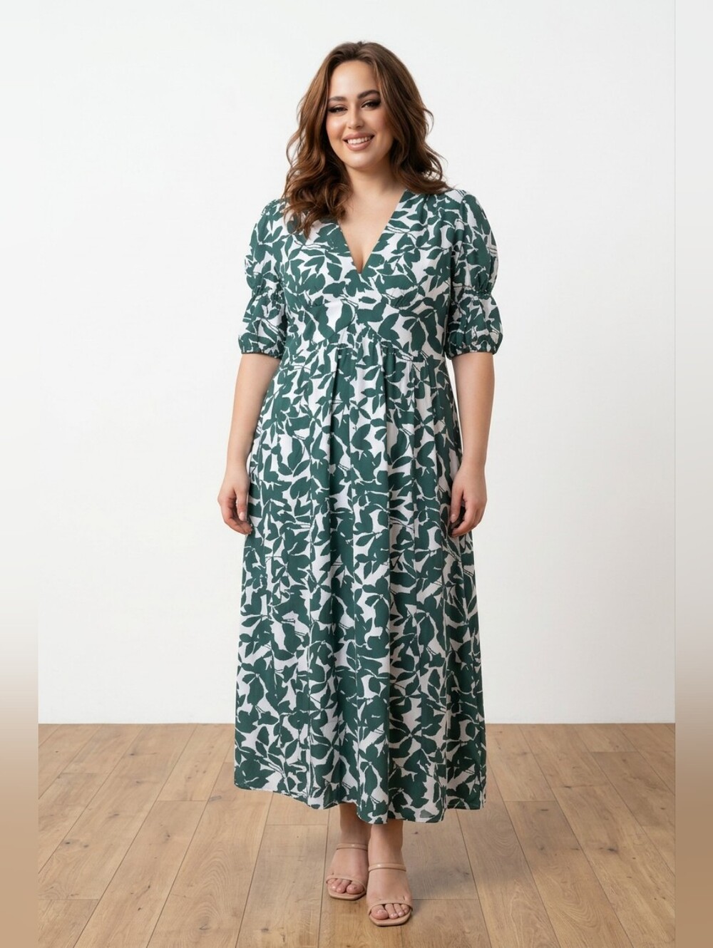 SHEIN Green and White Leaf-Print V-Neck Maxi Dress XXL NIB